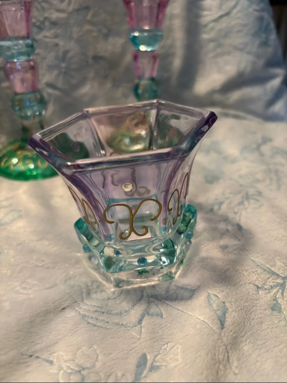 Party Lite Glass Votive Holder & Candlesticks - Pastel Purple, Teal & Green - Picture 5 of 5